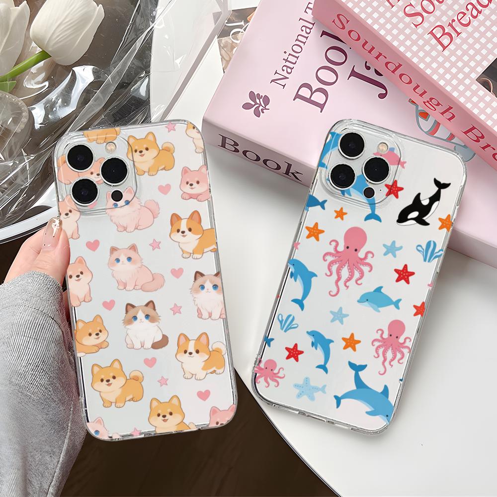 Cute Animes Puppy Kitten Clear TPU Mobile Case for iPhone 17 16 15 14 13 12 11 X XR XS Air Pro Max Plus Mini Colorful Cover