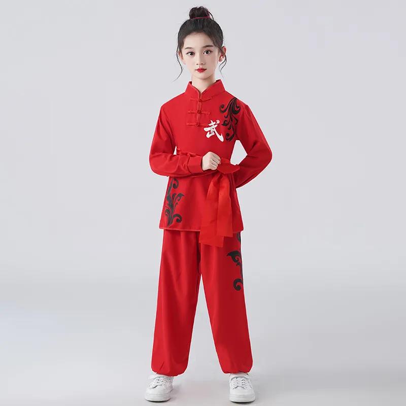 Children's Chinese Style Martial Arts Uniforms Stretch Cotton Practice Uniforms Long-sleeved Martial Arts Hall Boys and Girls Tai Chi Kung Fu Costumes