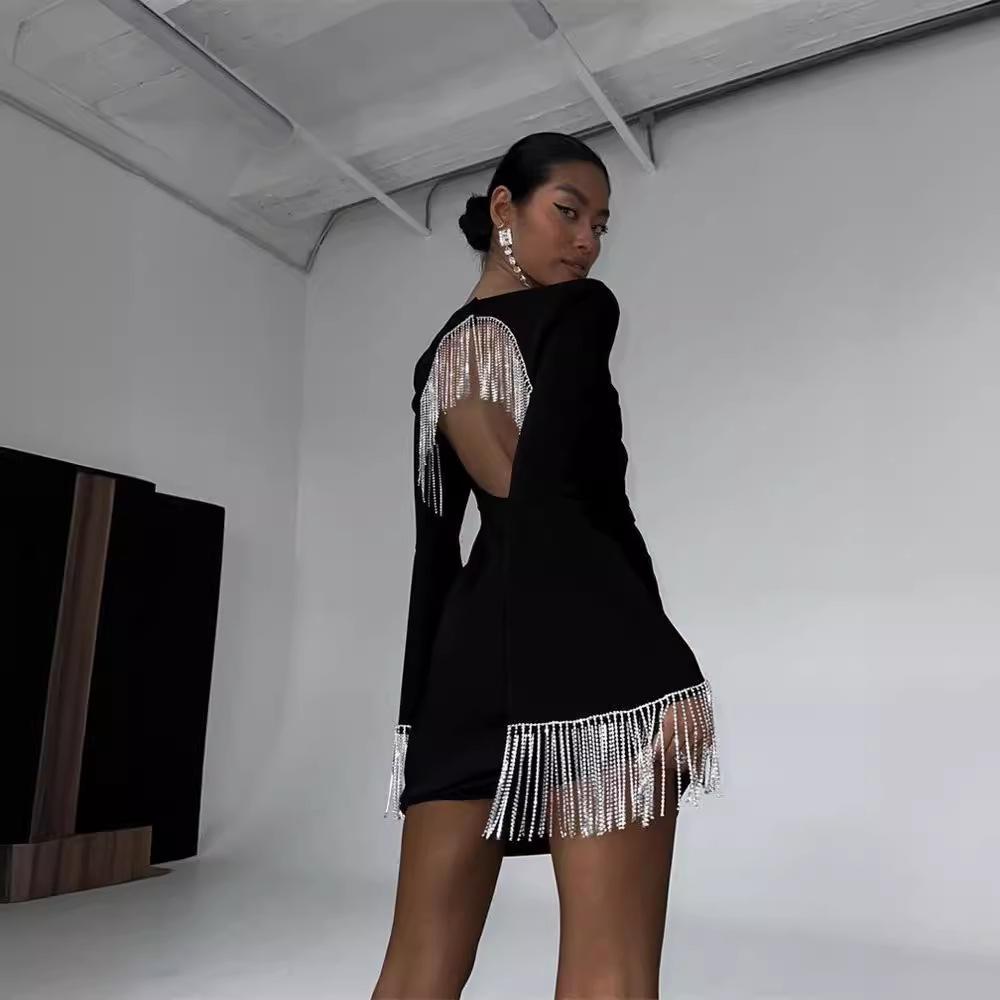 Schwarze Midikleider mit Fransen und hohlem, ausgestelltem Ärmel