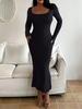 Women's Solid Long Sleeve Bodycon Dress, Chic Basic Minimalist Causual Fashion Scoop Neck Long Dress, Womenswear