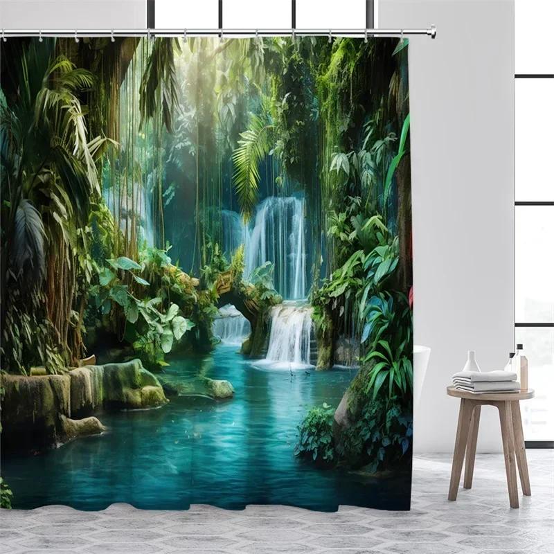 300x180CM Landscape Shower Curtains Green Plants Palm Tree Waterfall Forest Nature Scenery Home Bathroom Curtain Decor Set