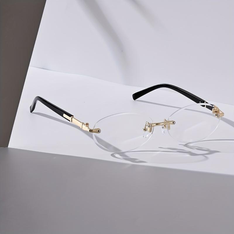 Vintage-Inspired Oval Frameless Fashion Glasses for Men & Women - Chic Black Metal Frame Tone Accents Multiple Colors Available
