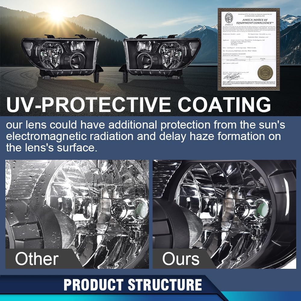 PIT66 Headlight Assembly Fit for 2007-2013 Tundra (W/O Headlight Leveling Model) Fit 2008-2017 Sequoia (12-14 Sequoia WITHOUT Headlight Washer Only)