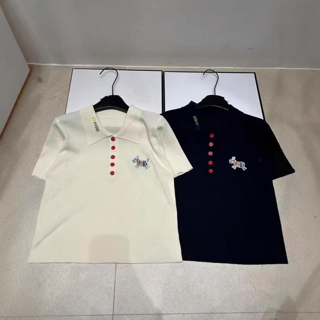Embroidered Wooden Puppet Horse Lapel Knit Short Sleeve Luxury Casual Top - Summer 2026 Collection