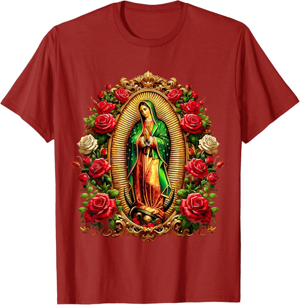 Virgen De Guadalupe Religious Graphic Tee Men Casual Cotton Rose Print T-Shirt