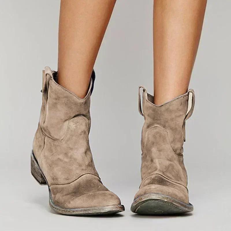 Vintage Cowboy Ankle Boots for Women Pointed Toe Low Heels  Female Autumn Winter Slip On PU Leather Booties 2024