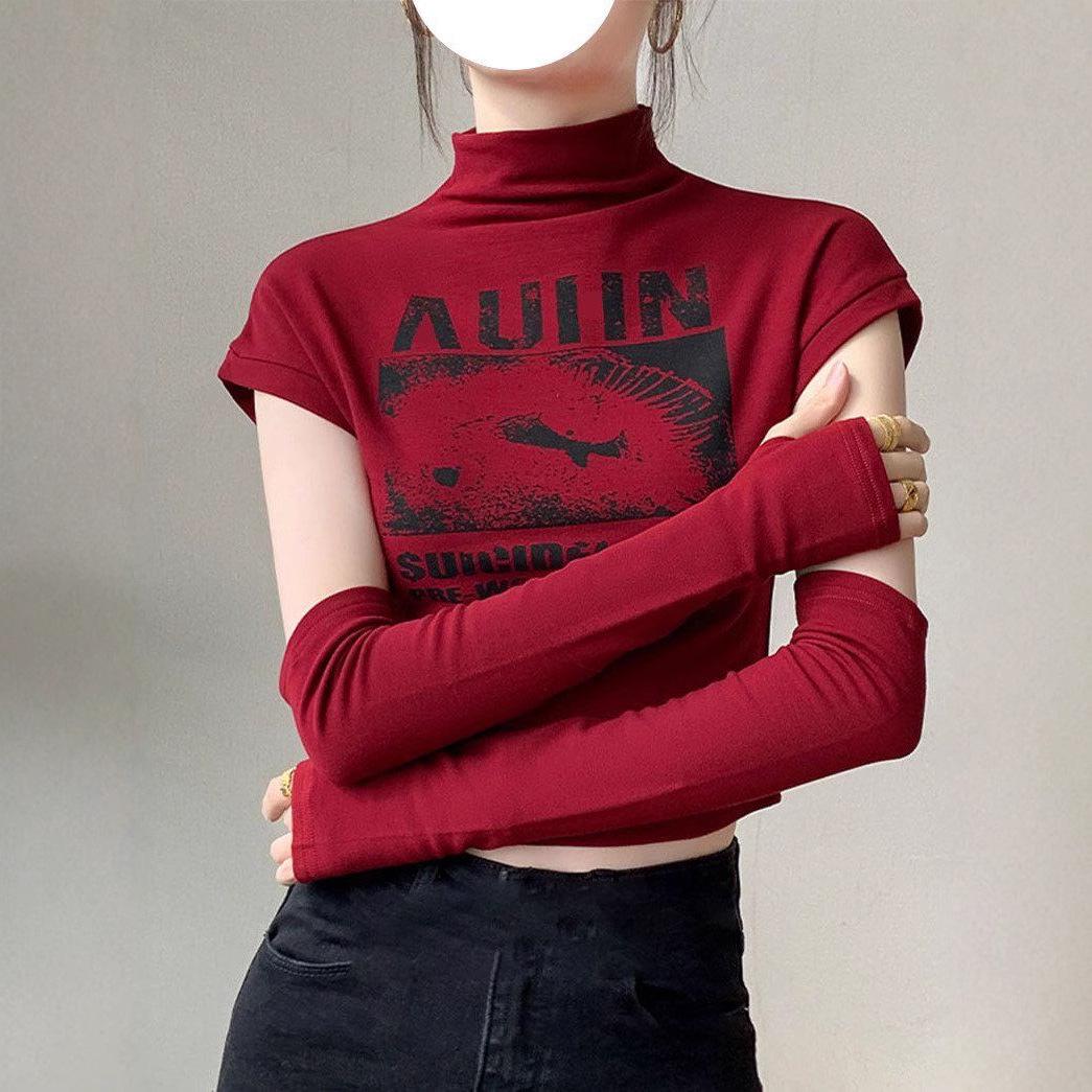 

Women s American-Style Semi-High Neck Short Sleeve Slim Fit T-Shirt - 2025 Spring Collection M