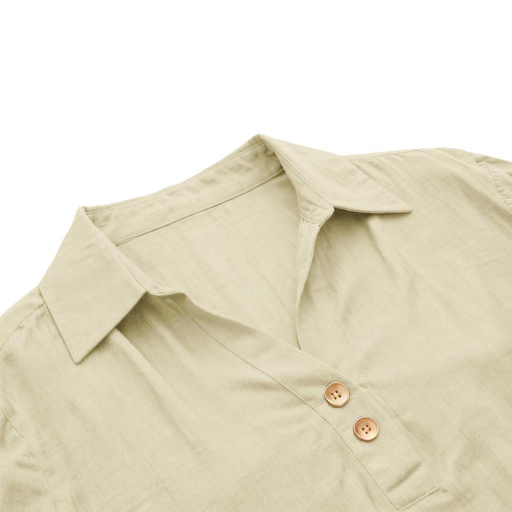Women's Seven-Sleeve Cotton Linen Lapel Shirt - Solid Color, Casual, Breathable