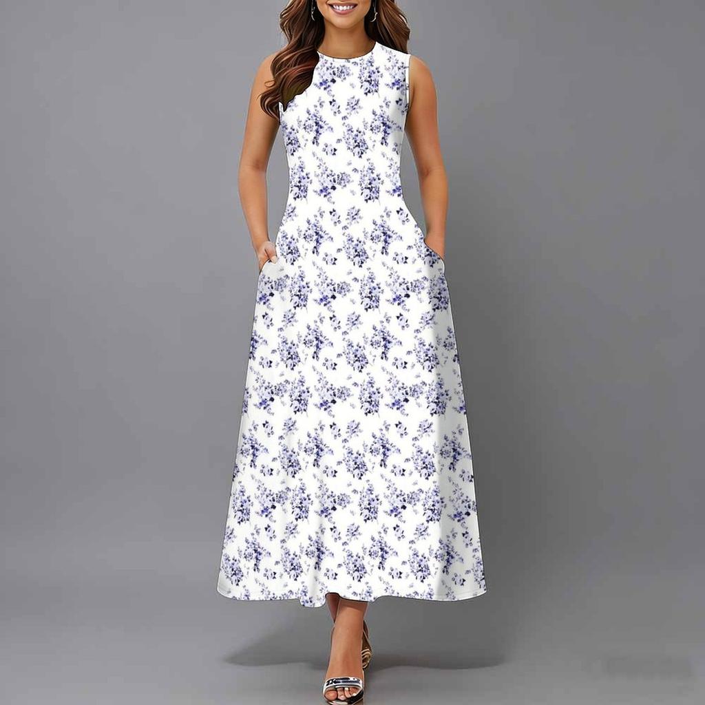 Plus Size Women Sleeveless Crew Neck Dress Beautiful Flower Printed Loose Long Dress For Summer Street Wear