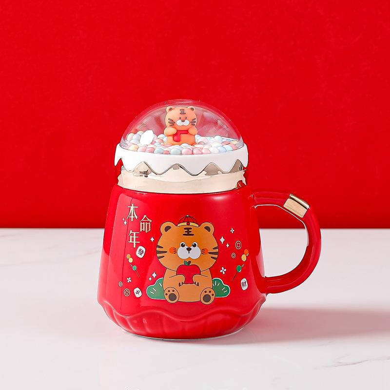 Year of the Tiger Mug with Lid Creative Large Capacity Ceramic Cup Couple Pair Cup Cute Cartoon Coffee Mug for Home Use