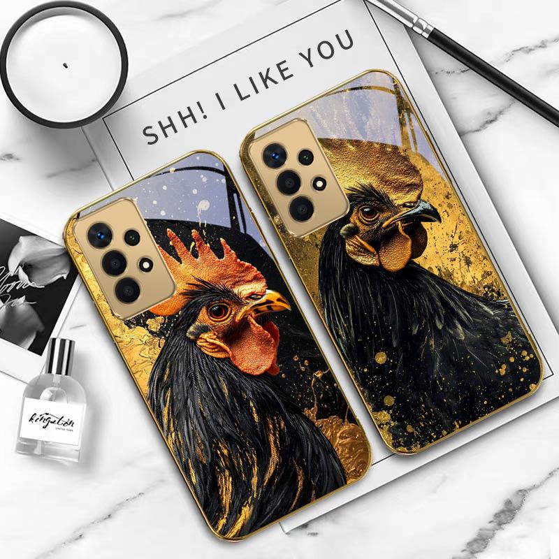 Brave Golden Rooster For Samsung A 01 52S A04 A05S A10 A12 A13 22 23 24 36 42 M02 Note 10 20Ultra 8 9 Golden glass phone case