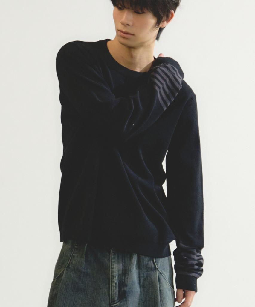 Iseuteuseobiseusyab Waist Stripe Relaxed Round Knit - Black