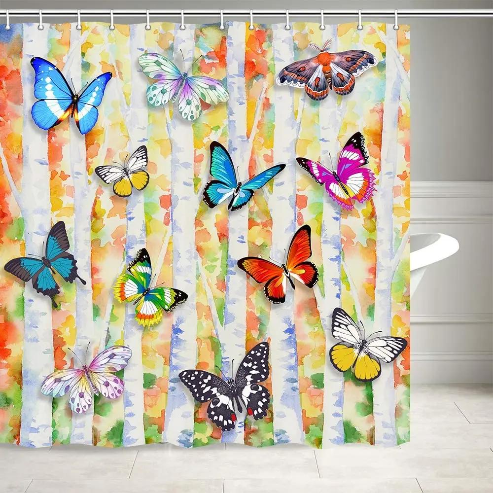 

Butterfly Shower Curtain Watercolor Butterflies on Tree Branch Bath Curtains Waterproof Fall Forest Fabric Bathroom Accessories W90XH180cm