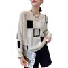 Black White Color Block Grid Knit Top Autumn Korean Slim Casual Loose Versatile Mesh Long Sleeve Round Neck Shirt