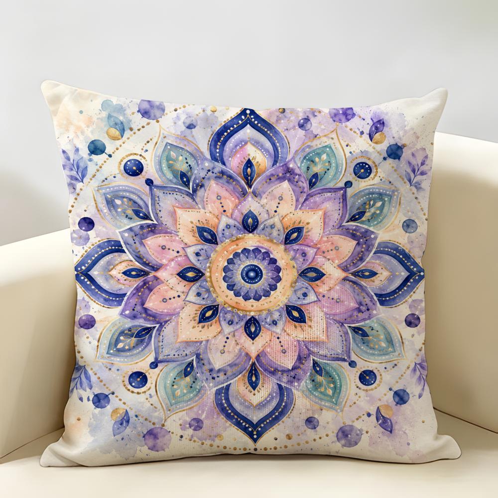Darkcolored Mandala Floral Pattern Cushion Cover Durable Hypoallergenic Organic Linen Short Pillow Cover Washable