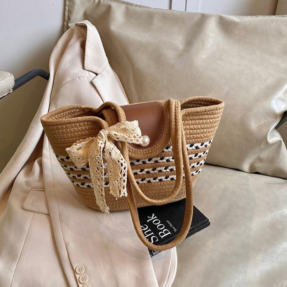 With Ribbon Stripe Tote Handbag Shoulder Bag Summer Beach Bag Simple Woven Tote Bag  Female