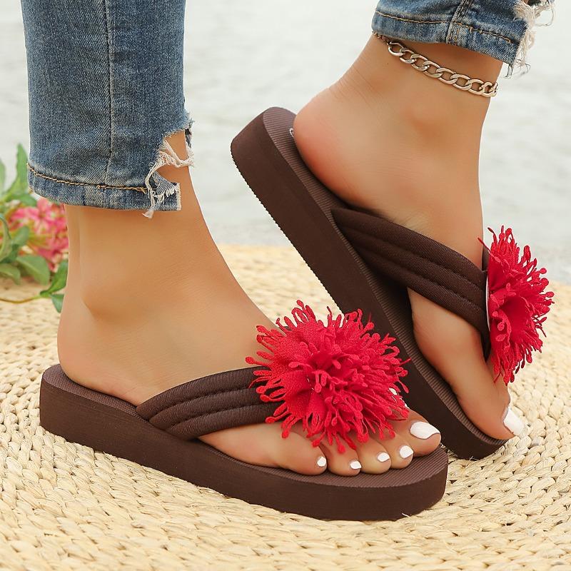 Moda 2025 Lato Odkryte Palce Damskie Kapcie Plus Size Platforma Okrągły Nosek Płaskie z Lekkimi Kwiatowymi Sandałami Outdoorowe Casualowe Japonki