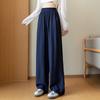 Women Elastic High Waist Linen Wide Leg Long Pants Loose Casual Floor Length Trousers with Pockets Summer Daily Vacation Soft Pants