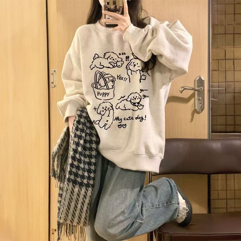Women's Crew Neck Sweatshirt Cute Puppy Cartoon Print Oversize Loose Casual Fall Long Sleeve Pullover