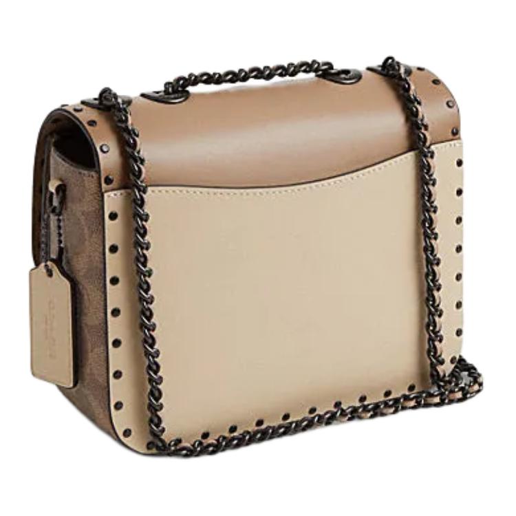 Coach Madison 19 Logo Studded Decor Leather And Synthetic Leather Crossbody Shoulder Bag Small Women Bags Gray Brown CW414-V5SNE