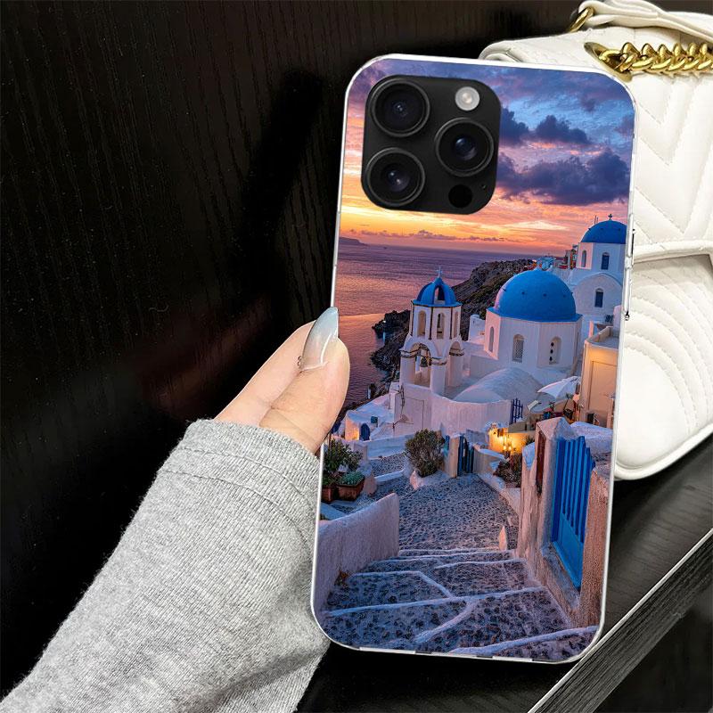 Greece In Summer Santorini Case for iPhone 13 12 Mini 11 Pro Max Soft Phone Cover X XS XR 7 SE 8 Plus 6 6S 5 5S Silicone Black C