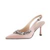 -B new pointed front bag rear empty fairy satin high heels thin heel rhinestone temperament single shoes woman