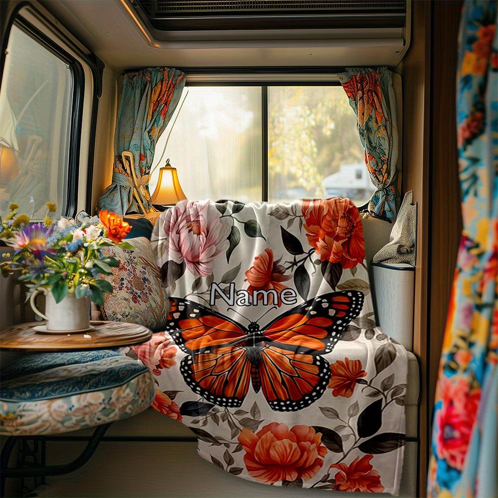 Monarch Butterfly Floral Blanket Personalized Name Soft Comfortable Stylish Blanket Car Blanket Perfect For Travel Camping Outdoor Home Suitable For