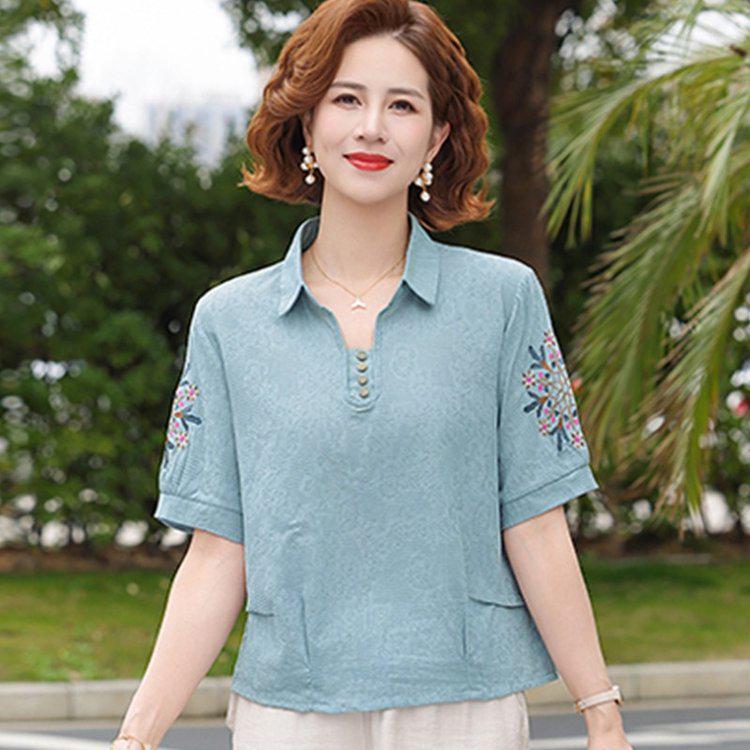 Women's Casual Summer Lapel T-Shirt - Short-Sleeved, Thin, Loose Fit for Middle-Aged and Elderly