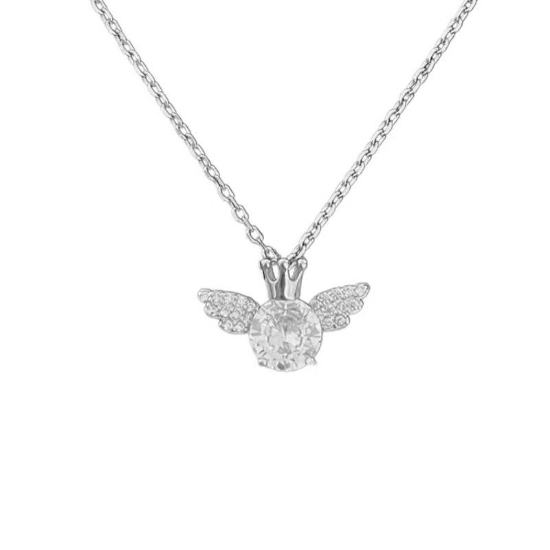 925 Sterling Silver Crown Angel Wing Pendant Necklace for Women , Rhinestone - Encrusted Fairy Princess Jewelry