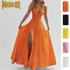 MGHR Abiti casual da donna alla moda per estate e primavera, tinta unita, stampa, scollo a V, senza maniche