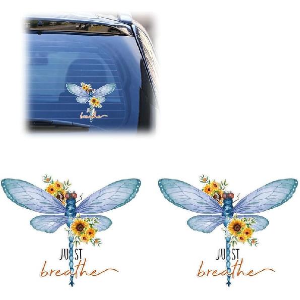 Just Breathe Dragonfly Car Sticker Decal, Vinyl Waterproof Automotive Window Sticker, Vintage Sun Flower Vehicle Bumper Decal, Positivity Auto 2PCS