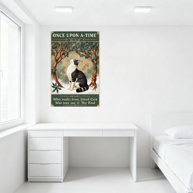Vintage Once Upon a Time Fairy Tale Metal Sign, Black White Cat with Striped Tail, Winter Snowy Scene Tin Poster for Home Bar Ca