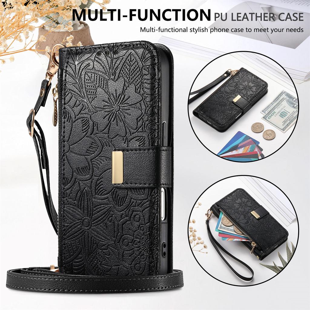 PU Leather Zipper Crossbody Flip Wallet Card Slot Phone Case For Samsung Galaxy S25 Plus S24 FE S23 Ultra S22 Wrist Strap Cover