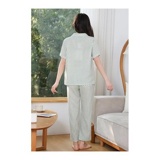[Vulcanodon] Room Wear, Women's Pajamas, Top and Bottom Set, Comfortable, 100% Cotton, Double Gauze, Short Sleeve, Loungewear, Long Pants, Spring,
