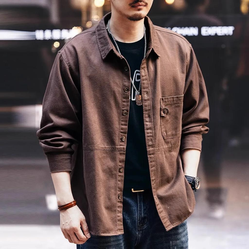 Men's Vintage Long Sleeve Work Shirt Casual Loose Button Down Cotton Shirts Big Size Retro Workwear Tops for Men