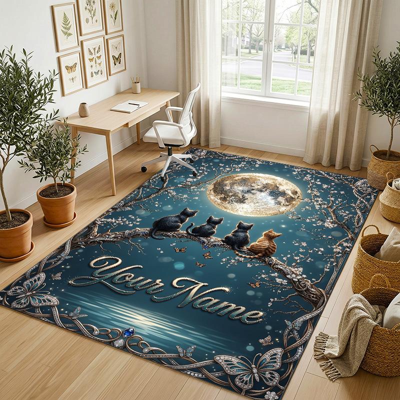 Cat Theme Crystal Velvet Rug Personalized Custom Name Text Soft Floor Mat Home Decor