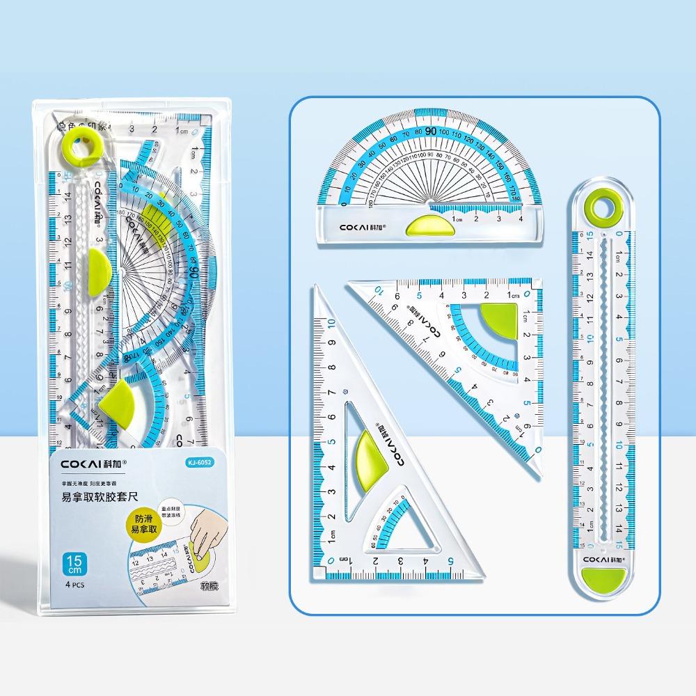 4pcs Soft Silicone Ruler Set Plastic Protractor High Quality Stationery Ruler  School Office синий