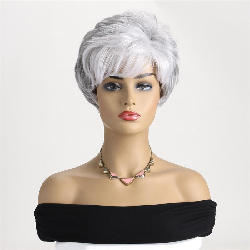 Premium Synthetic Elder Women Wig Short Wig for Women Curly Hair with Bangs Natural Soft Cosplay Mommy Old Lady Costume