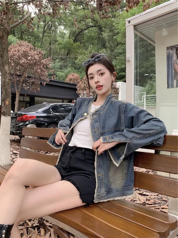 Hong Kong Retro Washed Raw Edge Denim Jacket for Women - Spring/Autumn Korean Style, High-End Loose Slimming Fit
