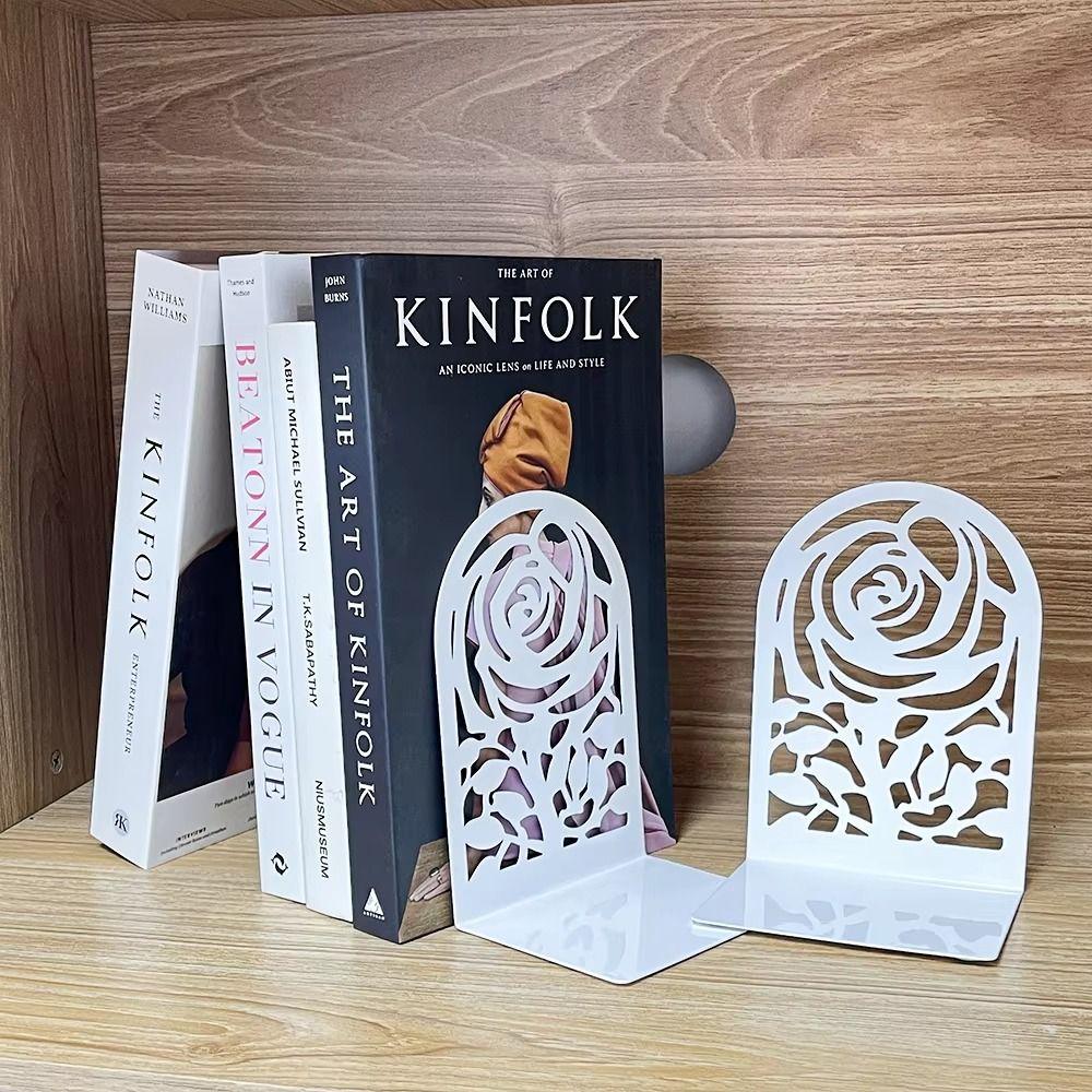 2Pcs Metal Rose Bookends Hollow Design Book Stoppers Durable Bookshelf Organizer Bookshelf