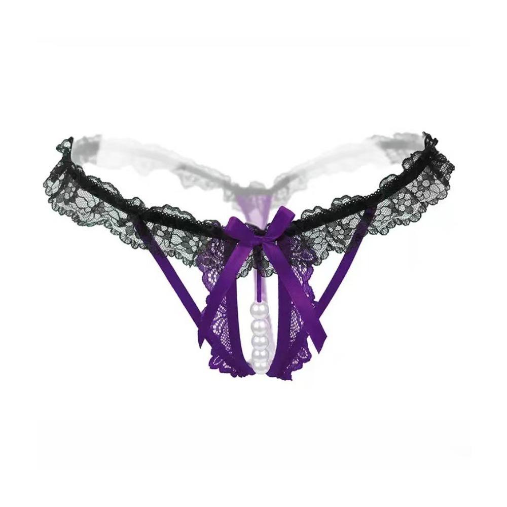 Open Crotch Lace Pearl Panties Low Waist See-through Thong Underwear for Women Ladies Girls