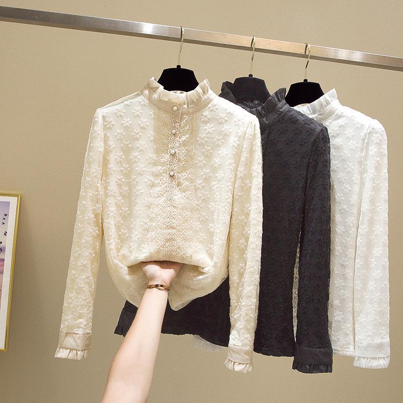 Women's Fleece-Lined Lace Top with Stand-Up Collar - Autumn/Winter Embroidered Mesh Long Sleeve Slim Fit Shirt