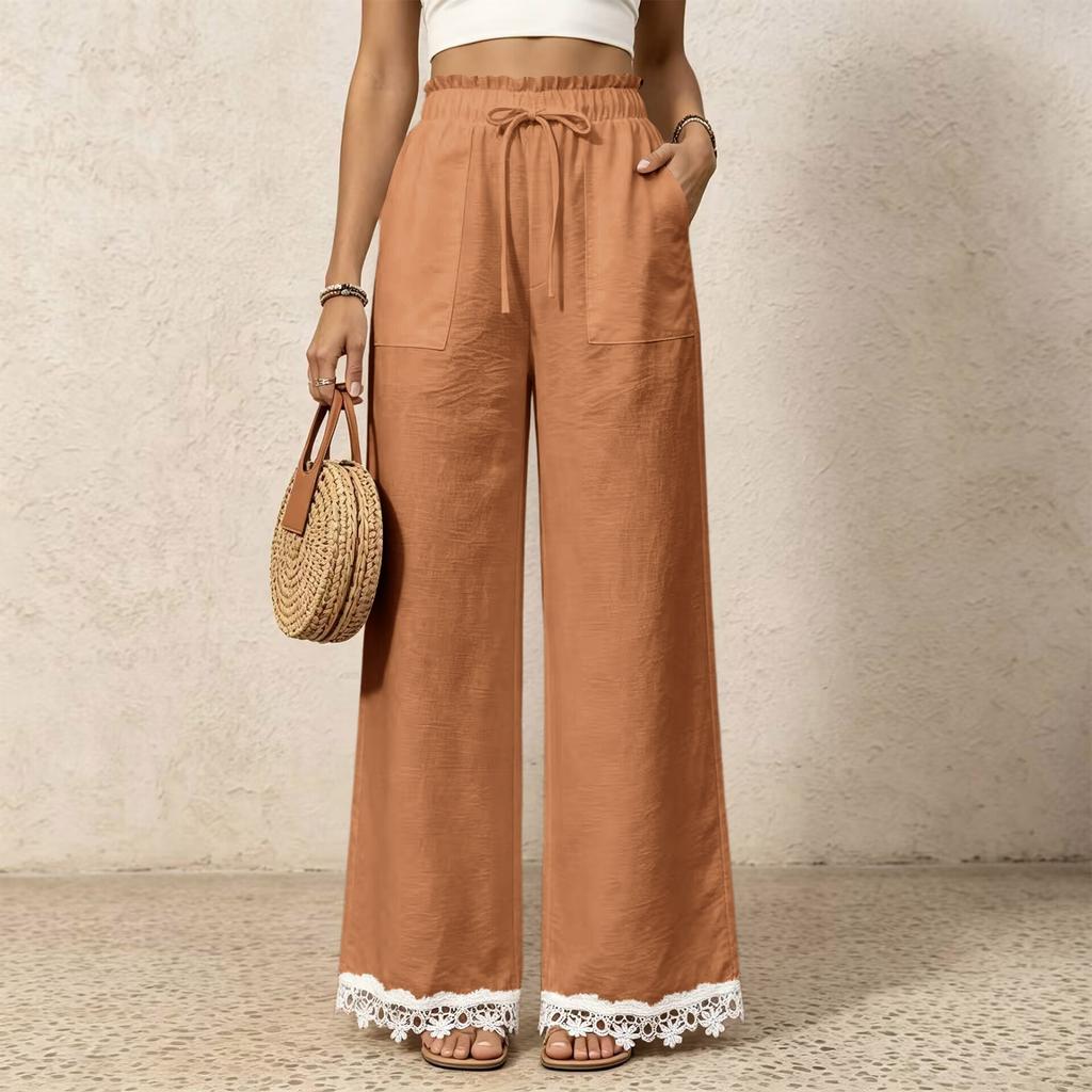 Women's Casual Wide Leg Pants with High Waist Drawstring and Lace Trim Patch Pockets for Everyday Wear