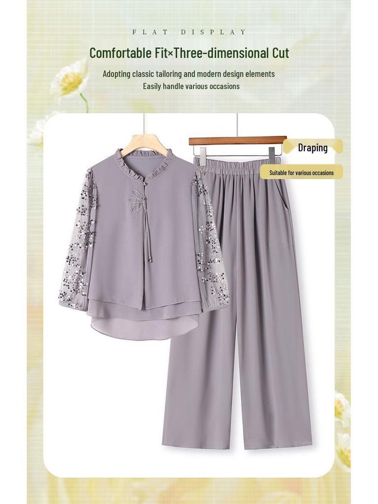 Chic Women's Suit: Mesh Sleeve Top & Wide-Leg Pants Set for Stylish Middle-Aged and Elderly Moms