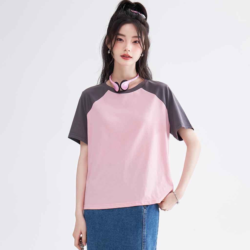 New minimalist round neck versatile top for women with contrasting color short sleeved T-shirt