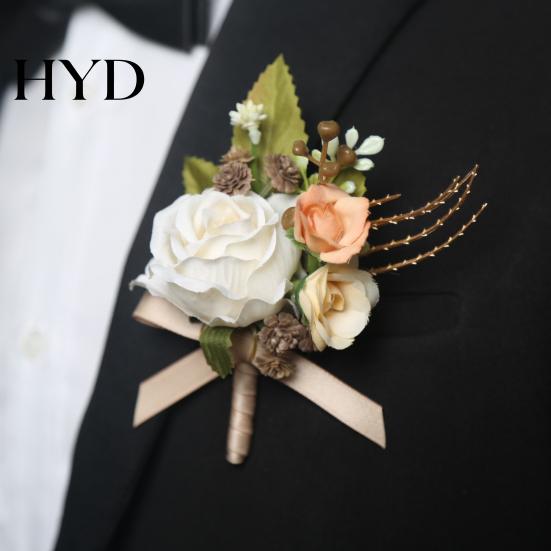 Elegant Rose Boutonniere Bud Wedding Flower Set, Wrist Corsage for Bride Bridesmaid Realistic Brooch & Groom Groomsman, Artificial Silk Floral