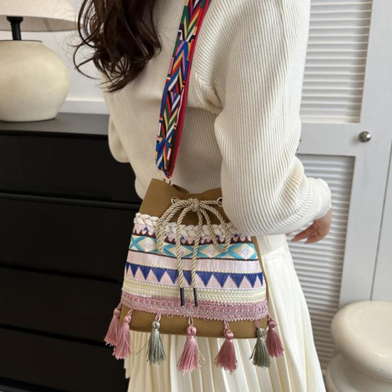 Bohemian Drawstring Bucket Bag Ethnic Embroidery Tassel Decor Cute Boho Handbag for Boho Lovers Vacation Daily Use