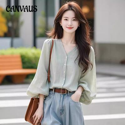 Koszula Damska Długi Rękaw Wiosna Jesień Bluzka Casualowa Moda Dekolt V Top