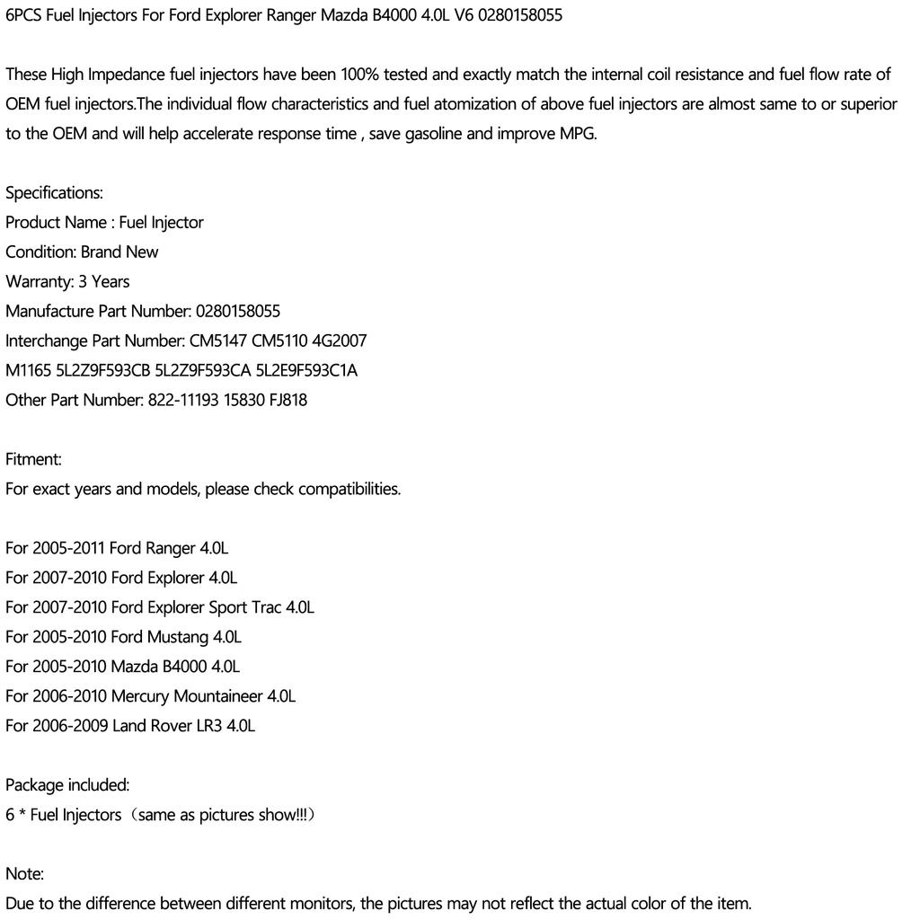 6PCS Fuel Injectors 0280158055 Fit for Ford Explorer Ranger Fit for Mazda B4000 4.0L V6