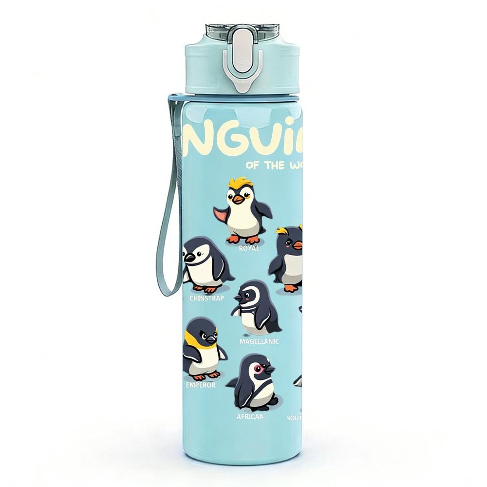 1PC Penguin Group Cute Bird Animal Print 750ml Color Plastic Sports Water Bottle Leakproof Flip Straw Lid Suitable for Sports Office Home Use
